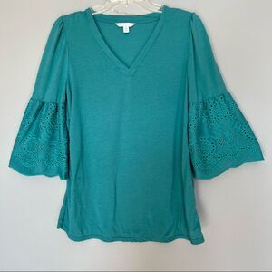 Time & Tru Bell Eyelet Crocheted Sleeve Kelly Green Boho Cottagecore Blouse SZ S